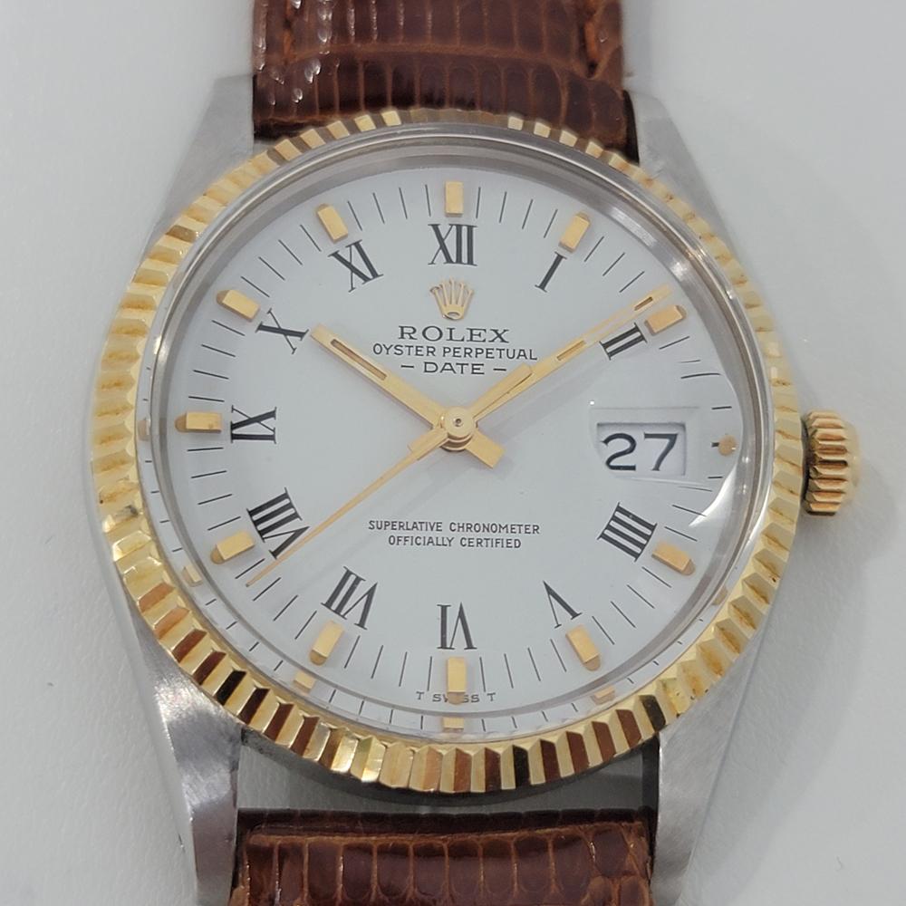 Timeless classic, Men's 18k gold and stainless steel Rolex Oyster Perpetual Date ref 15000 automatic c.1981. Verified authentic by a master watchmaker. Gorgeous Rolex signed polar dial, applied gold indice and printed black Roman numeral hour