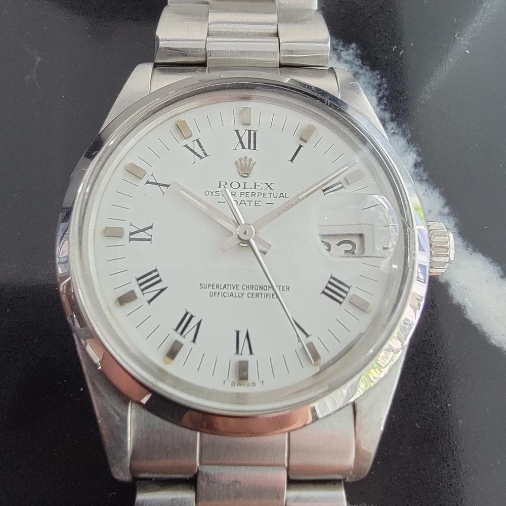 Iconic classic, men's Rolex Oyster Perpetual Date 15000 automatic, c.1981, all original, with original Rolex paper. Verified authentic by a master watchmaker. Stunning Rolex signed polar white dial, applied silver indice and printed black Roman