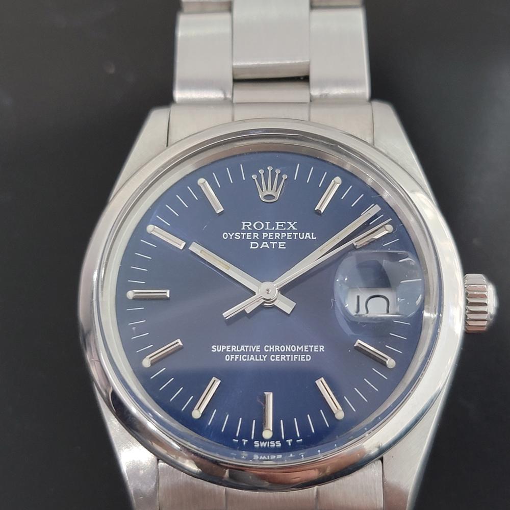 Mens Rolex Oyster Perpetual Date 15000 Automatic Blue Dial 1980s RA167 In Excellent Condition In Beverly Hills, CA