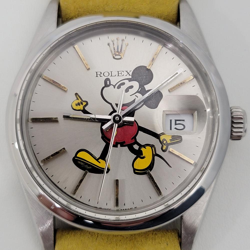 Iconic classic, Men's Rolex Oyster Perpetual Date Ref.15000 automatic with Mickey dial, c.1982. Verified authentic by a master watchmaker. Iconic Rolex signed silver Mickey dial, applied gilt indice hour markers, silver minute and hour hands,