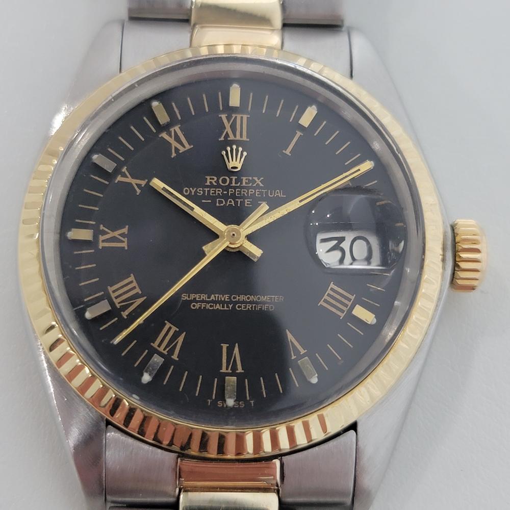 Timeless luxury, Men's Rolex Oyster Perpetual Date ref.1501 automatic, c.1975, all original. Verified authentic by a master watchmaker. Stunning original Rolex signed black dial, applied gold indice and Roman numeral hour markers, date display at