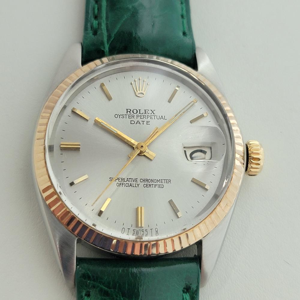 Vintage icon, Men's Rolex Ref 1501 Oyster Perpetual Date automatic with 18k gold bezel, c.1960s. Verified authentic by a master watchmaker. Gorgeous Rolex-signed silver dial, applied gilt indice hour markers, gilt minute and hour hands, sweeping
