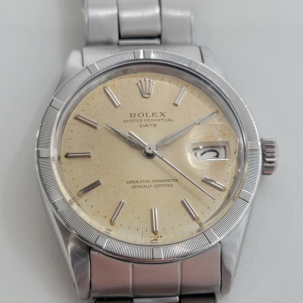 Timeless icon, Men's Rolex Oyster Perpetual Date ref.1501 automatic, c.1963, all original. Verified authentic by a master watchmaker. Stunning original Rolex signed tropical dial, unrefurbished, applied silver indice hour markers, date display at