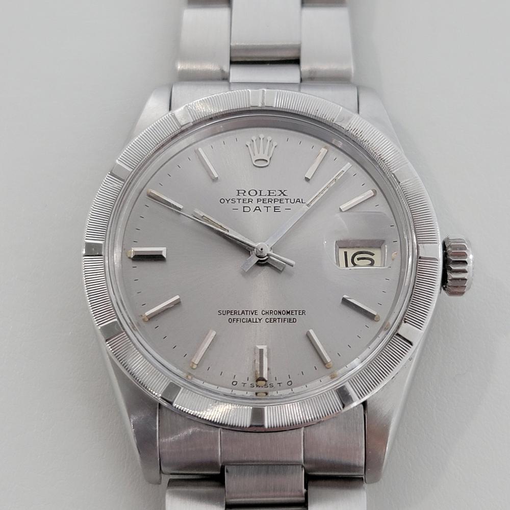 Timeless classic, Men's Rolex Oyster Perpetual Date Ref.1501 automatic, c.1970s, all original, with paper. Verified authentic by a master watchmaker. Gorgeous Rolex-signed silver dial, applied indice hour markers, silver minute and hour hands,