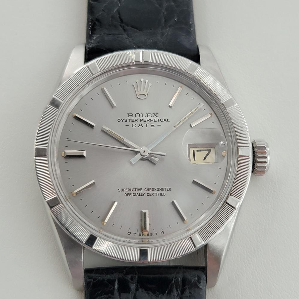 Classic icon, Men's Rolex Oyster Perpetual Date Ref.1501 automatic, c.1970s, all original, with paper. Verified authentic by a master watchmaker. Gorgeous Rolex-signed silver dial, applied indice hour markers, silver minute and hour hands, sweeping