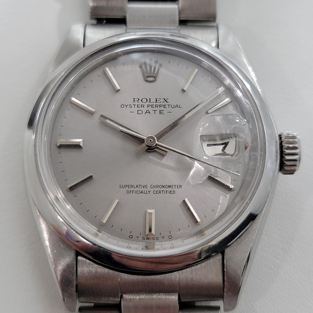 Timeless classic, Men's Rolex Oyster Perpetual Date 1501 automatic, c.1973, all original, with original Rolex paper. Verified authentic by a master watchmaker. Gorgeous Rolex signed silver dial, applied silver indice hour markers, silver minute and
