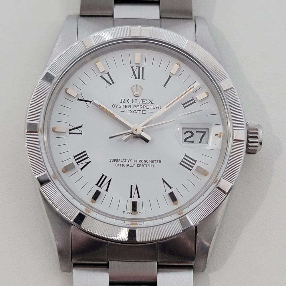 Iconic classic, Men's all-stainless steel Rolex Oyster Perpetual 15010 Date automatic polar dial, c.1984, all original, in excellent working condition. Verified authentic by a master watchmaker. Gorgeous Rolex signed polar white dial, applied baton