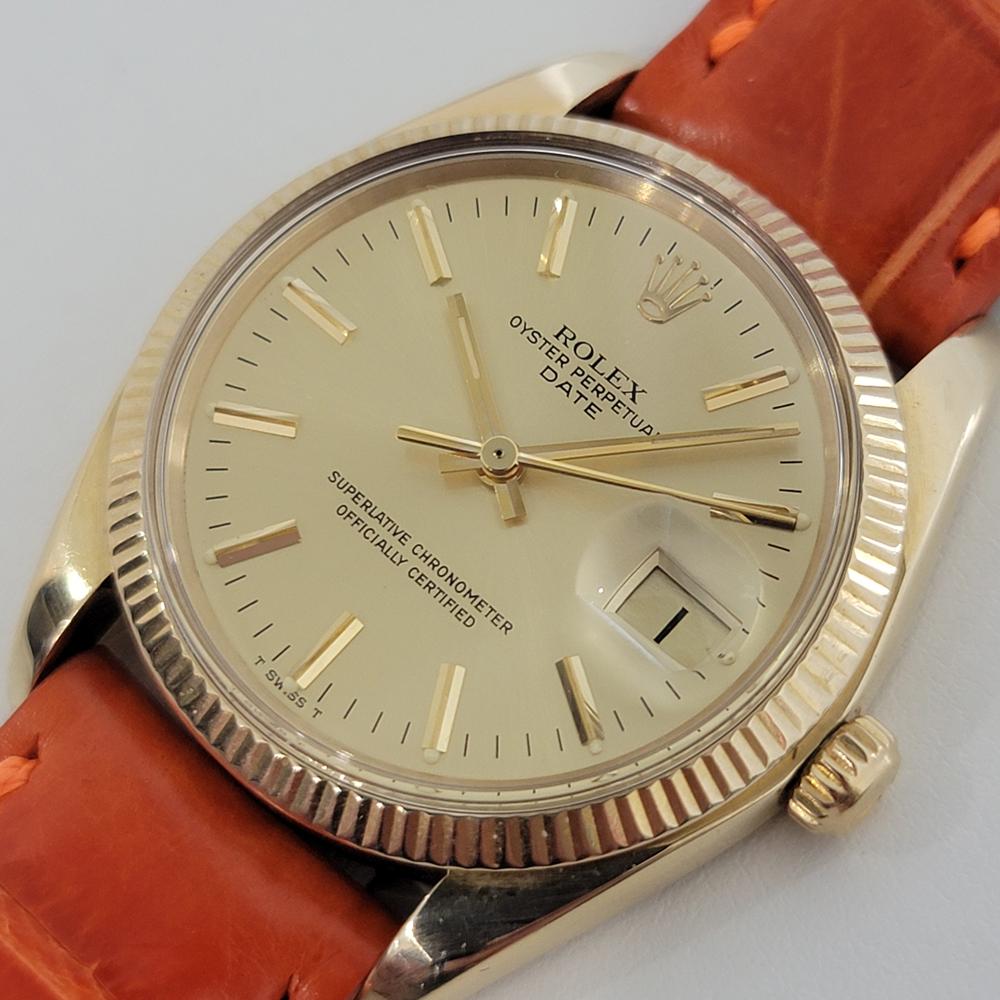 Timeless luxury, Men's 14k solid gold Rolex Oyster Perpetual Date ref.1503 automatic, c.1979. Verified authentic by a master watchmaker. Gorgeous Rolex signed champagne dial, applied gold indice hour markers, gilt minute and hour hands, sweeping