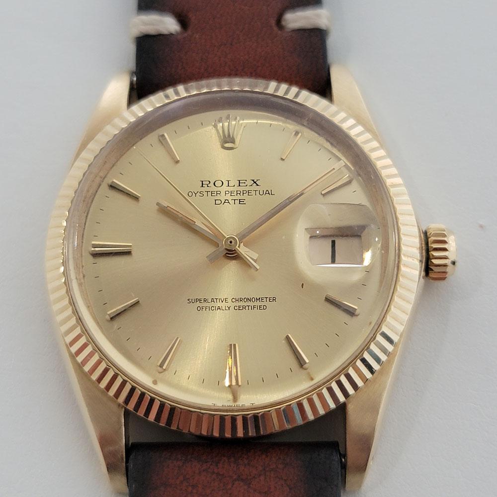 Iconic luxury, Men's Rolex Oyster Perpetual Date 1503 14k solid gold automatic, c.1960s. Verified authentic by a master watchmaker. Gorgeous Rolex signed gold dial, applied gold indice hour markers, gilt minute and hour hands, sweeping central