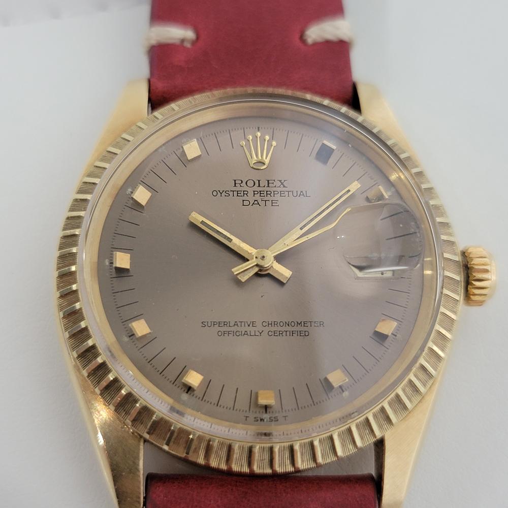 Timeless luxury, Men's Rolex Oyster Perpetual Date ref.1503 solid 14k gold automatic, c.1974. Verified authentic by a master watchmaker. Gorgeous Rolex signed gold dial, applied gold indice hour markers, gilt minute and hour hands, sweeping central