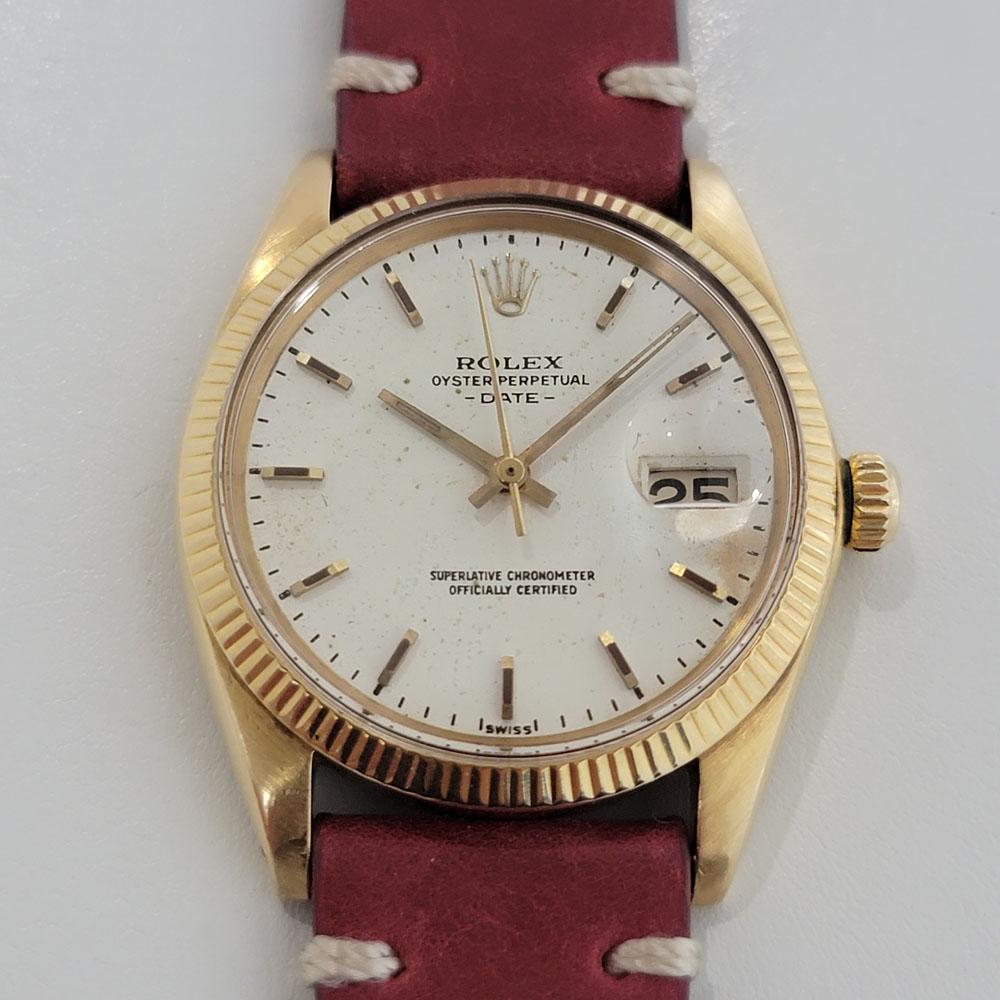 Timeless luxury, Men's Rolex Oyster Perpetual Date ref.1503 solid 14k gold automatic, c.1966. Verified authentic by a master watchmaker. Gorgeous Rolex signed, unrestored white dial, applied gold indice hour markers, gilt minute and hour hands,