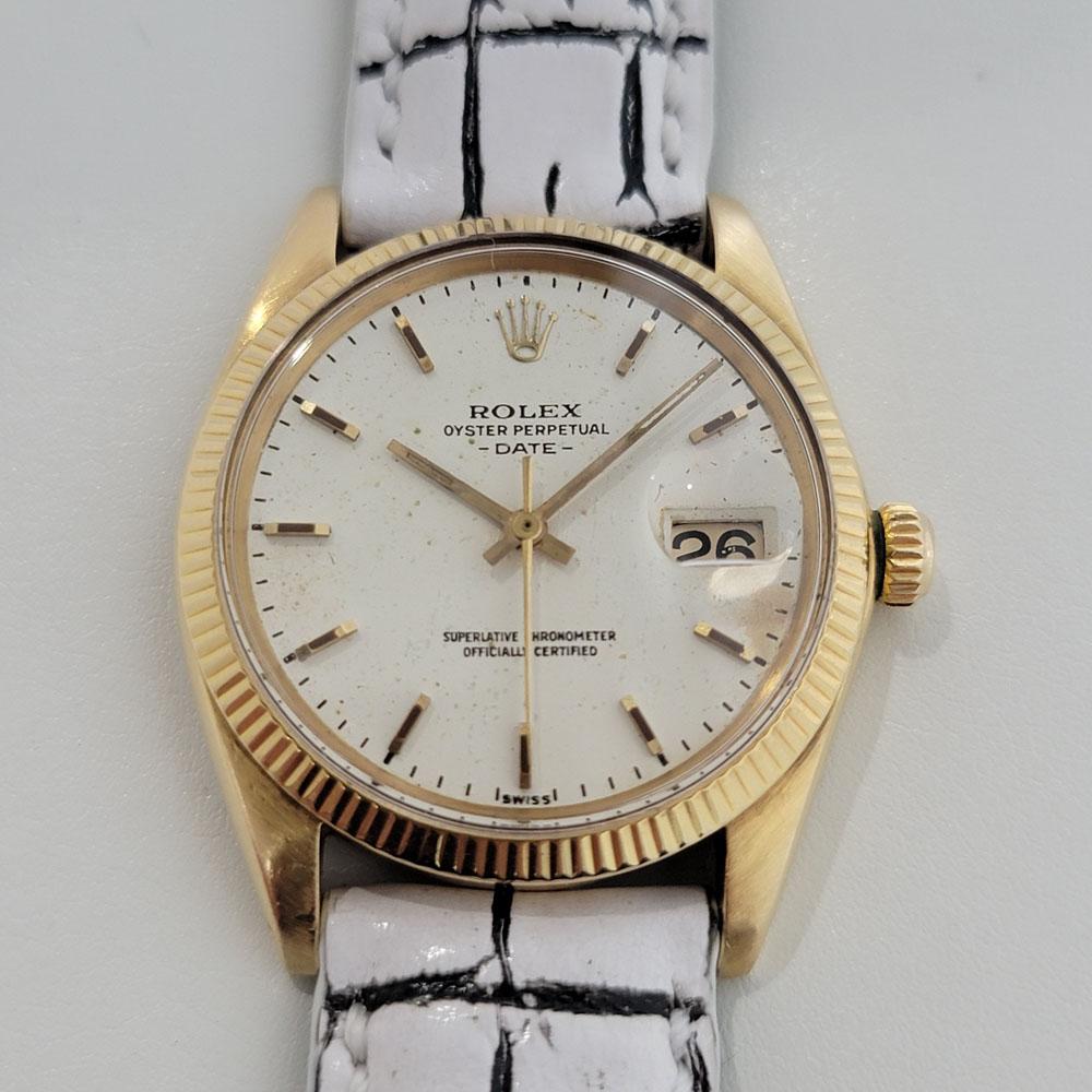 Iconic classic, Men's Rolex Oyster Perpetual Date ref.1503 solid 14k gold automatic, c.1966. Verified authentic by a master watchmaker. Gorgeous Rolex signed, unrestored white dial, applied gold indice hour markers, gilt minute and hour hands,