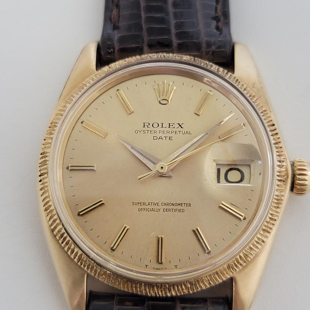 Timeless luxury, Men's Rolex Oyster Perpetual Date ref.1503 solid 18k gold automatic, c.1960s. Verified authentic by a master watchmaker. Gorgeous Rolex signed gold dial, applied gold indice hour markers, gilt minute and hour hands, sweeping central