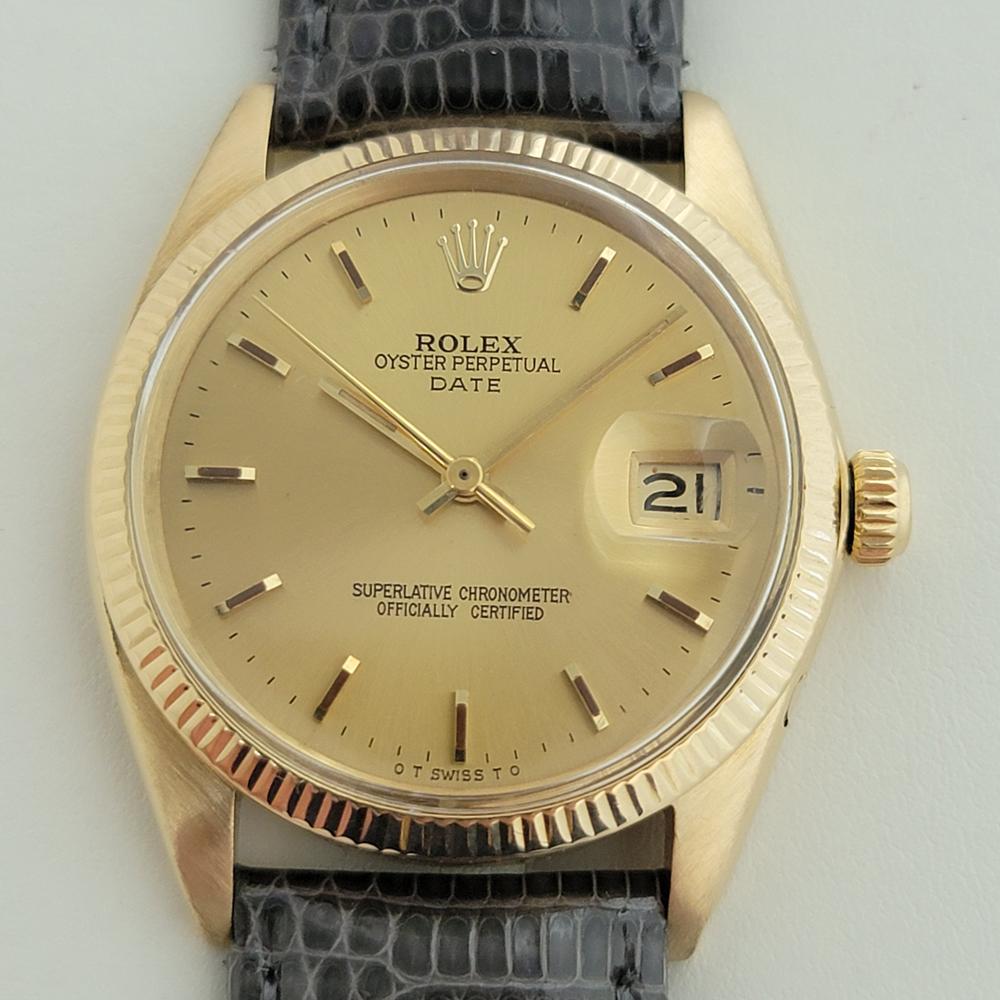 Luxurious classic, Men's 18k solid gold Rolex Oyster Perpetual Date ref.1503 automatic, c.1967, in excellent working and aesthetic condition. Verified authentic by a master watchmaker. Gorgeous Rolex signed, gold-champagne dial, applied gold indice