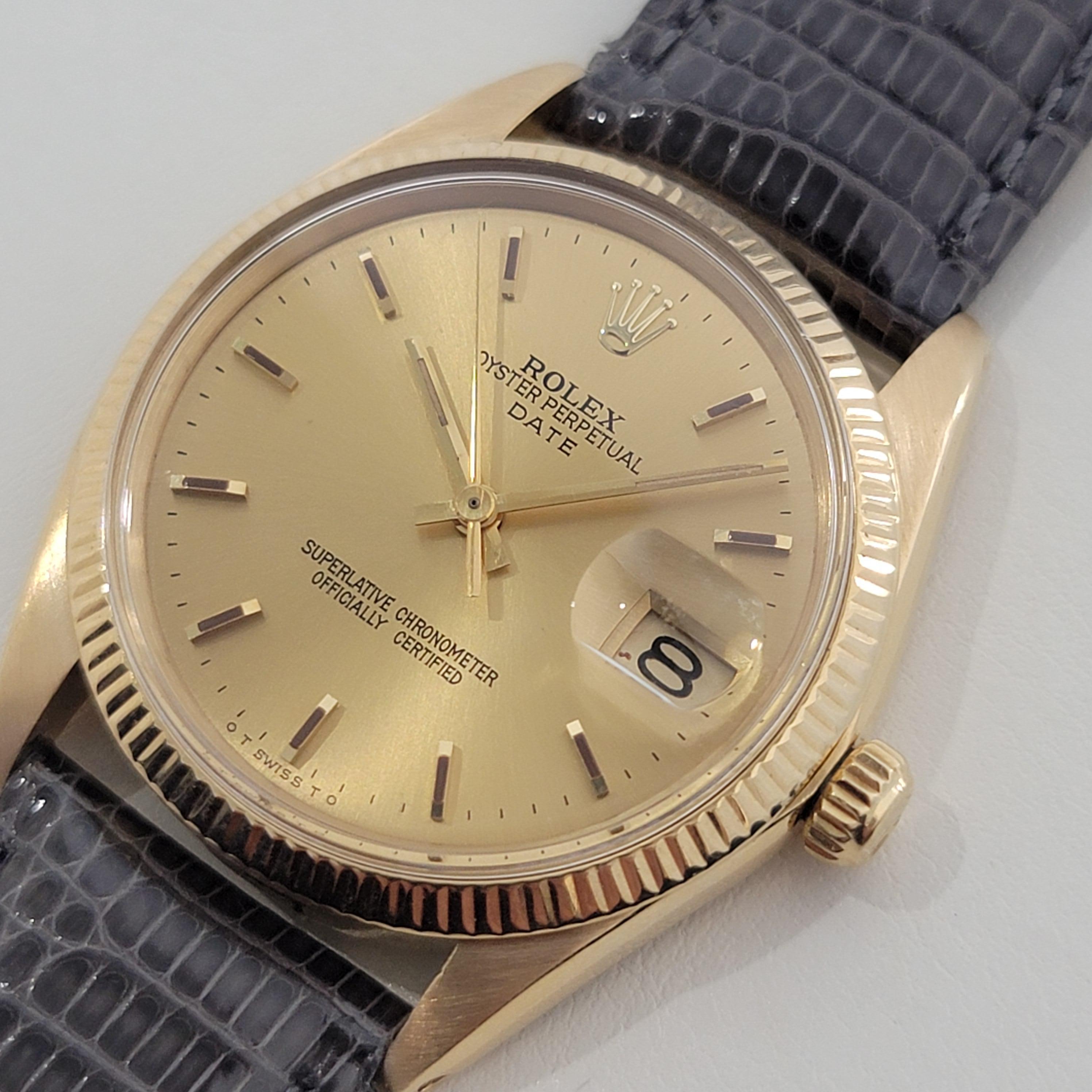 Luxurious classic, Men's 18k solid gold Rolex Oyster Perpetual Date ref.1503 automatic, c.1967, in excellent working and aesthetic condition. Verified authentic by a master watchmaker. Gorgeous Rolex signed, gold-champagne dial, applied gold indice