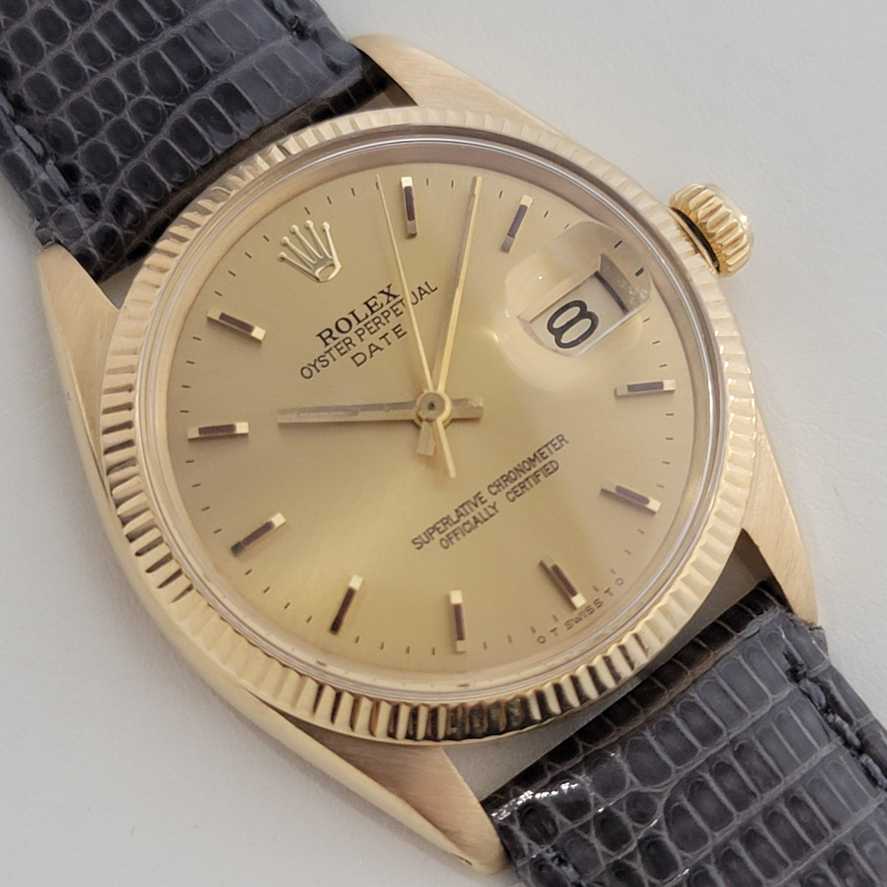 Mens Rolex Oyster Perpetual Date 1503 18k Solid Gold 34mm Automatic 1960s RA387 In Excellent Condition In Beverly Hills, CA