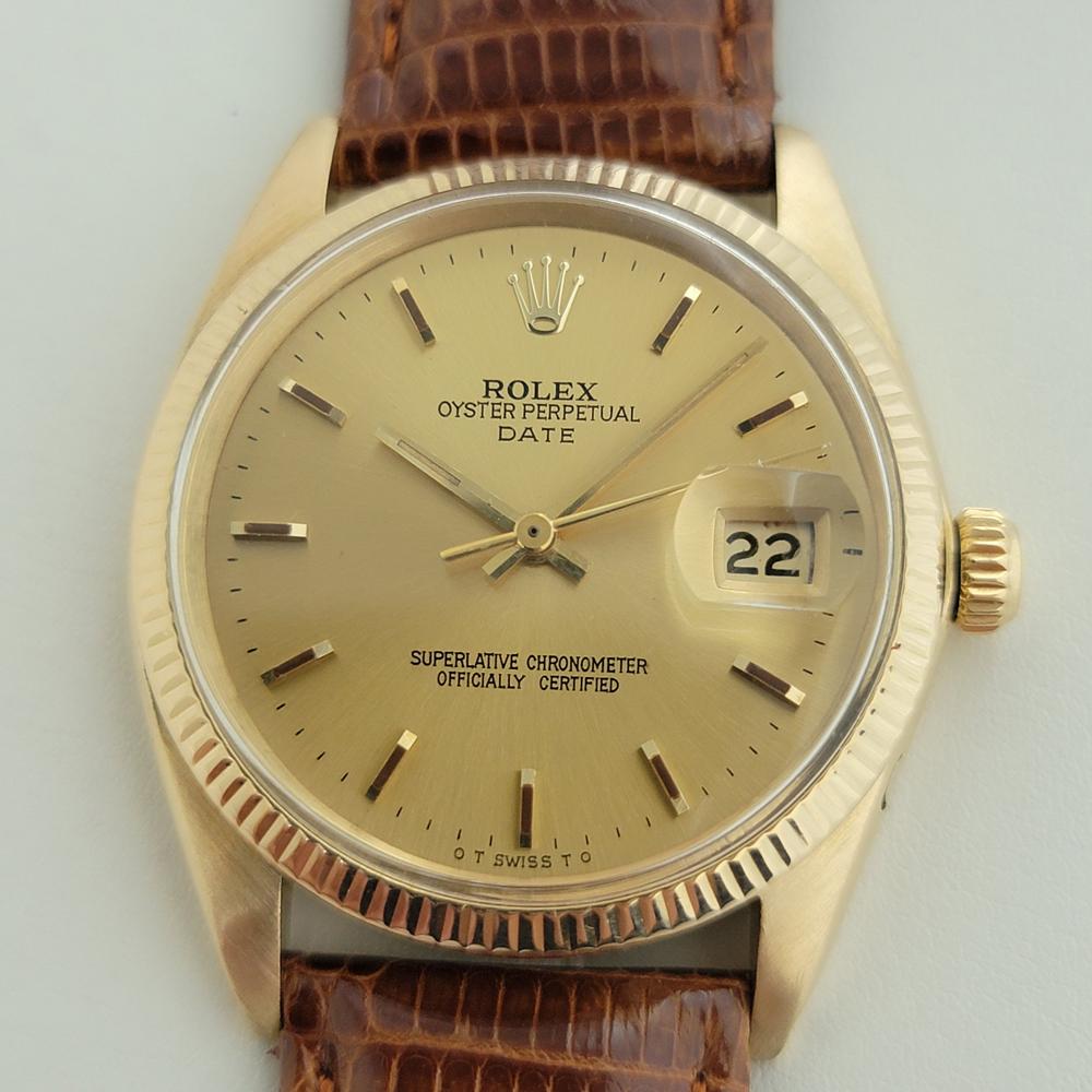 Timeless luxury, Men's 18k solid gold Rolex Oyster Perpetual Date ref.1503 automatic, c.1967, in excellent working and aesthetic condition. Verified authentic by a master watchmaker. Gorgeous Rolex signed, gold-champagne dial, applied gold indice