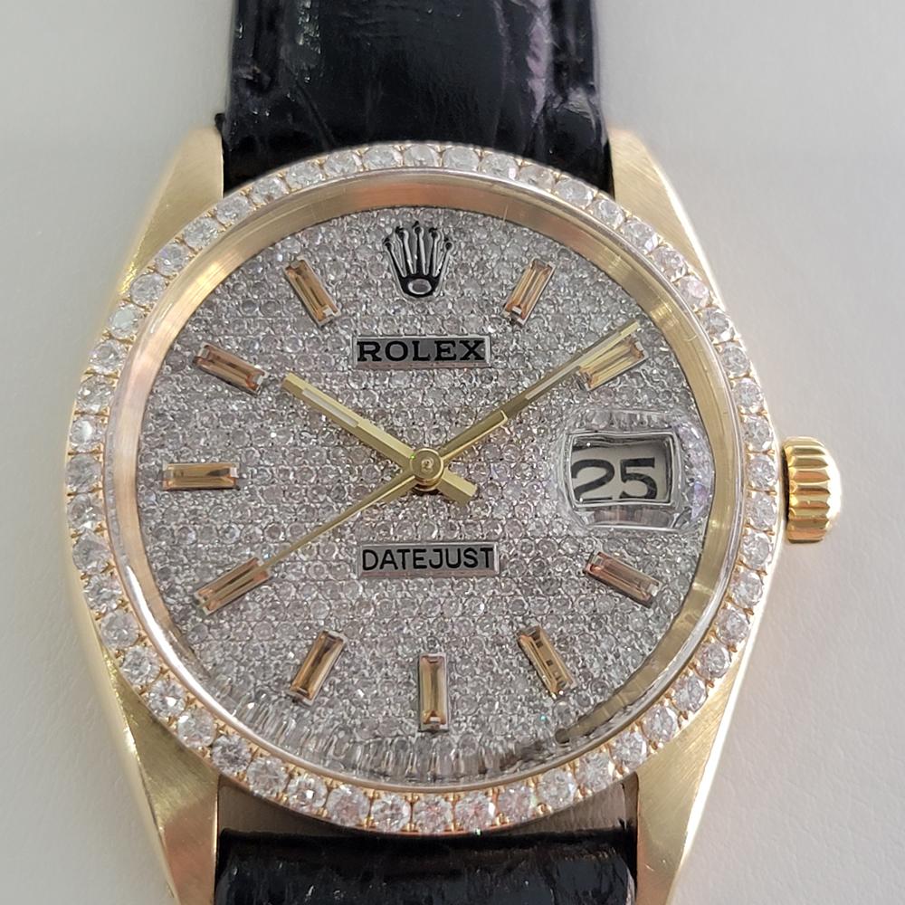 Brilliant luxury, Men's Rolex Oyster Perpetual Date ref.1503 solid 14k gold automatic with stunning, aftermarket gemmed dial and bezel, c.1976. Verified authentic by a master watchmaker. Gorgeous Rolex signed gemmed diamond dial, applied yellow