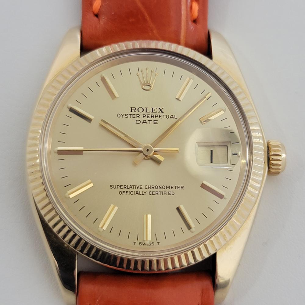 Mens Rolex Oyster Perpetual Date 1503 14k Gold Automatic 1970s Swiss RJC192 In Excellent Condition In Beverly Hills, CA