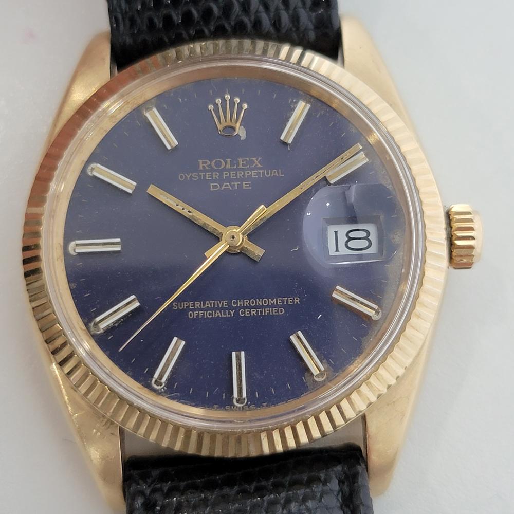 Timeless luxury, Men's Rolex Oyster Perpetual Date ref.1503 solid 14k gold automatic, c.1968, all original. Verified authentic by a master watchmaker. Gorgeous Rolex signed blue dial, applied gold indice hour markers, gilt minute and hour hands,