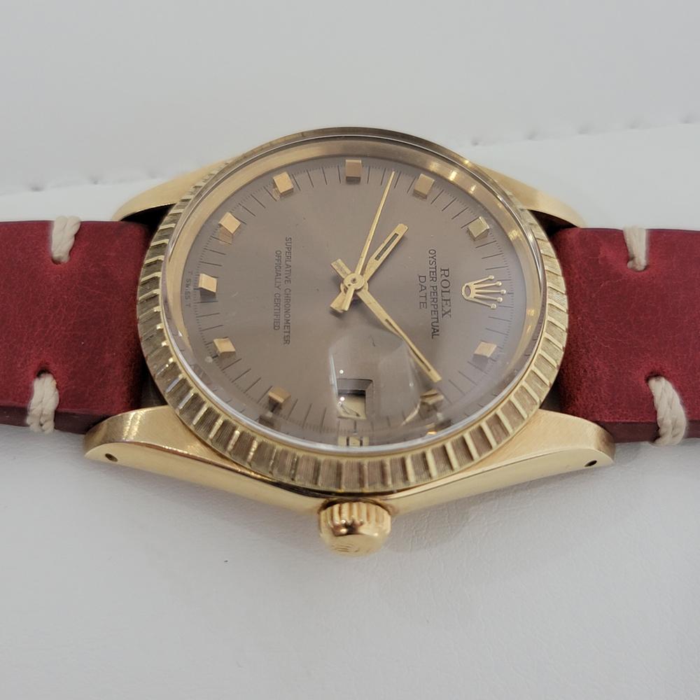 Mens Rolex Oyster Perpetual Date 1503 14k Solid Gold Automatic 1970s RJC120 In Excellent Condition In Beverly Hills, CA