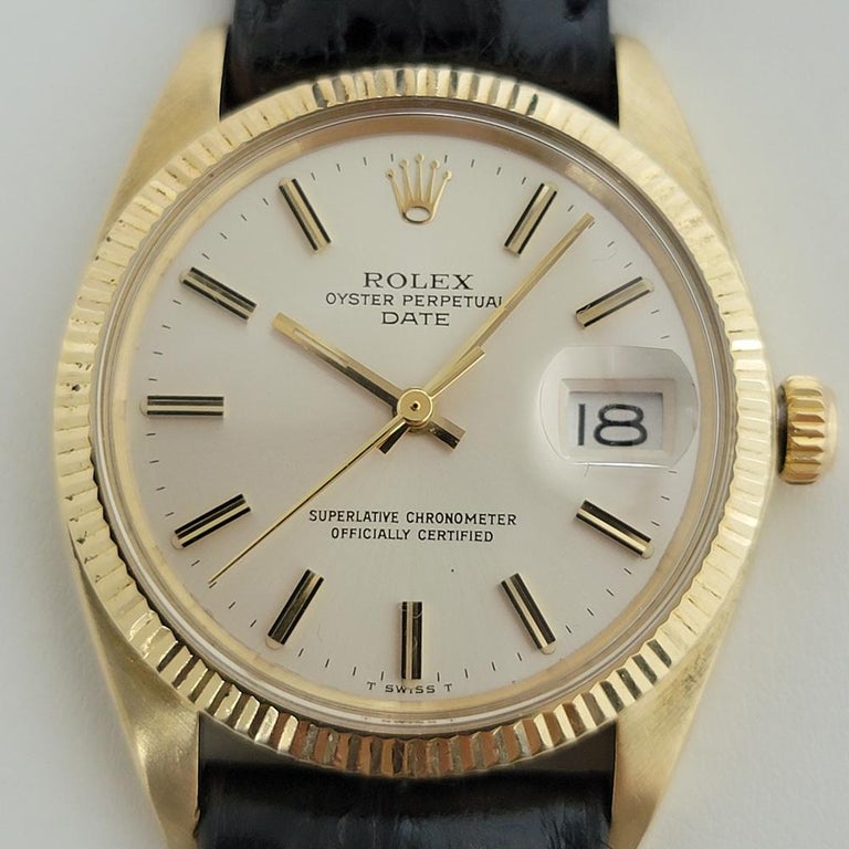 Timeless luxury, Men's Rolex Oyster Perpetual Date ref.1503 solid 14k gold automatic, c.1979. Verified authentic by a master watchmaker. Gorgeous Rolex signed dial, applied gold indice hour markers, gilt minute and hour hands, sweeping central