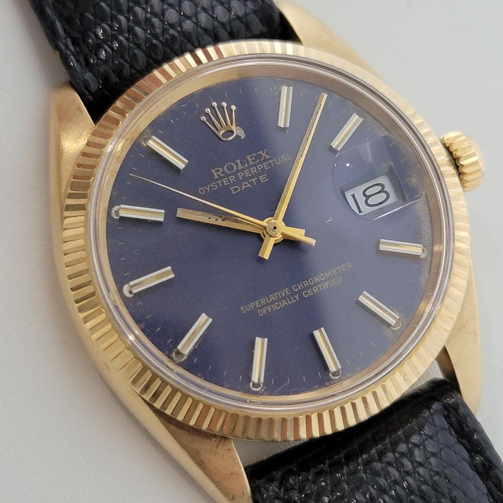 Mens Rolex Oyster Perpetual Date 1503 35mm 1960s 14k Solid Gold Automatic RA264 In Excellent Condition For Sale In Beverly Hills, CA
