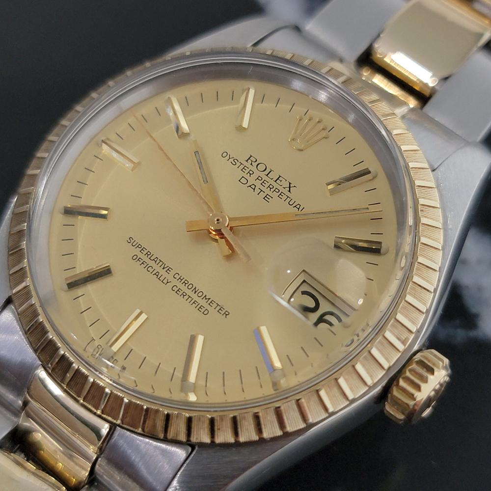 Timeless classic, Men's Rolex Oyster Perpetual Date 1505 14k gold & ss automatic, c.1979, all original. Verified authentic by a master watchmaker. Gorgeous Rolex signed gold dial, applied gold indice hour markers, gilt minute and hour hands,
