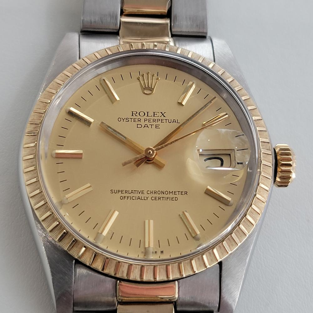 A timeless classic, Men's Rolex Oyster Perpetual Date 1505 14k gold & ss automatic, c.1979, all original, in immaculate condition. Verified authentic by a master watchmaker. Gorgeous Rolex signed gold dial, applied gold indice hour markers, gilt