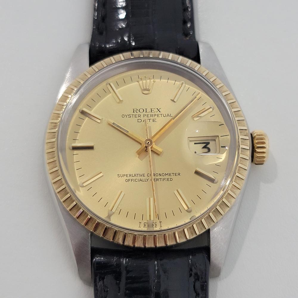 A timeless classic, Men's Rolex Oyster Perpetual Date 1505 14k gold & ss automatic, c.1979, in immaculate vintage condition. Verified authentic by a master watchmaker. Gorgeous Rolex signed gold dial, applied gold indice hour markers, gilt minute