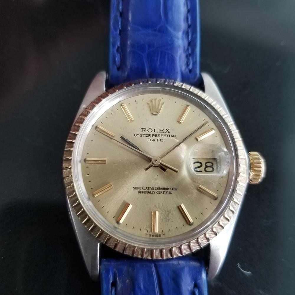 Timeless icon, Men's 18k gold & stainless steel Rolex Oyster Perpetual Date Ref.1505 automatic, c.1970. Verified authentic by a master watchmaker. Gorgeous original, unrestored Rolex-signed gold dial, applied indice hour markers, gilt minute and