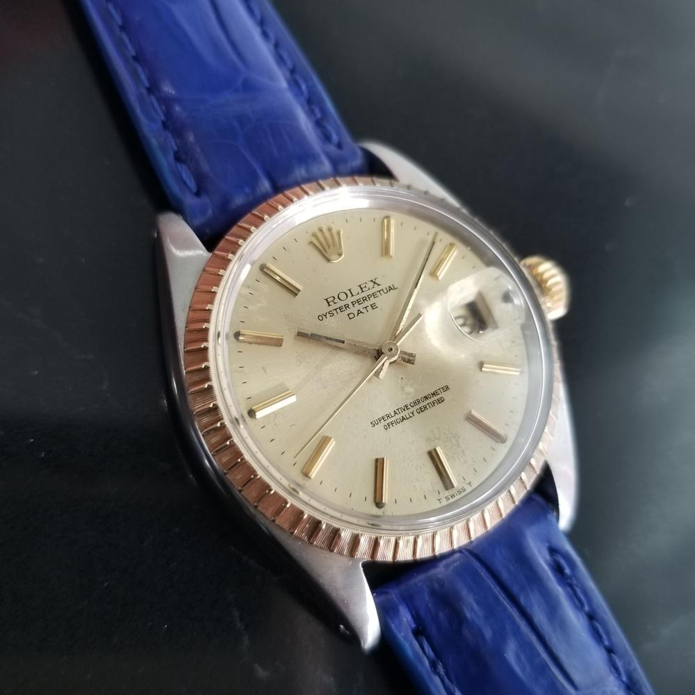 Mens Rolex Oyster Perpetual Date 1505 18K & SS Automatic, c.1970s RA136BLU In Excellent Condition In Beverly Hills, CA