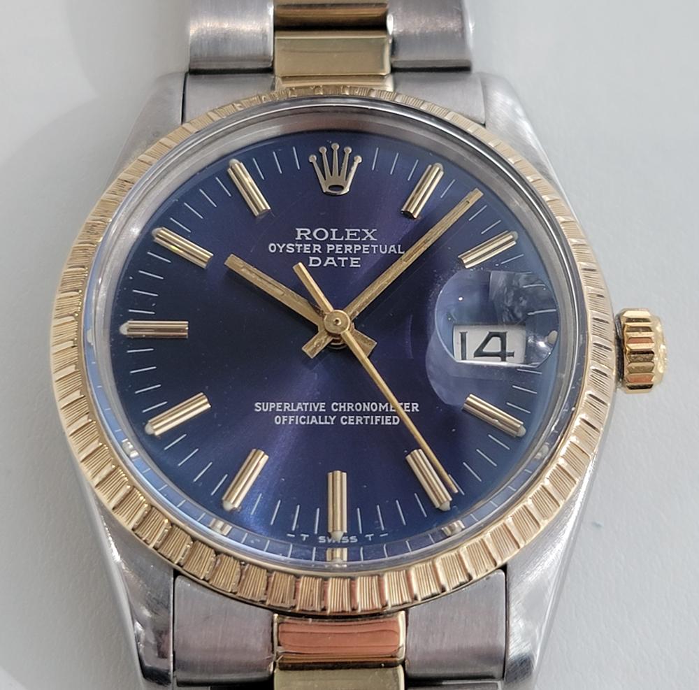 Ein atemberaubender zeitloser Klassiker, Rolex Oyster Perpetual Date Ref 15053 mit Automatik und Lünette aus massivem 14-karätigem Gold, um 1981, alles original. Von einem Uhrmachermeister für echt befunden. Wunderschönes blaues, signiertes
