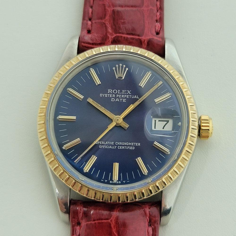 Timeless classic, stunning Men's Rolex Oyster Perpetual Date Ref 15053 automatic with 14k solid gold bezel, c.1981. Verified authentic by a master watchmaker. Gorgeous Rolex signed blue dial, applied gold indice hour markers, gilt minute and hour