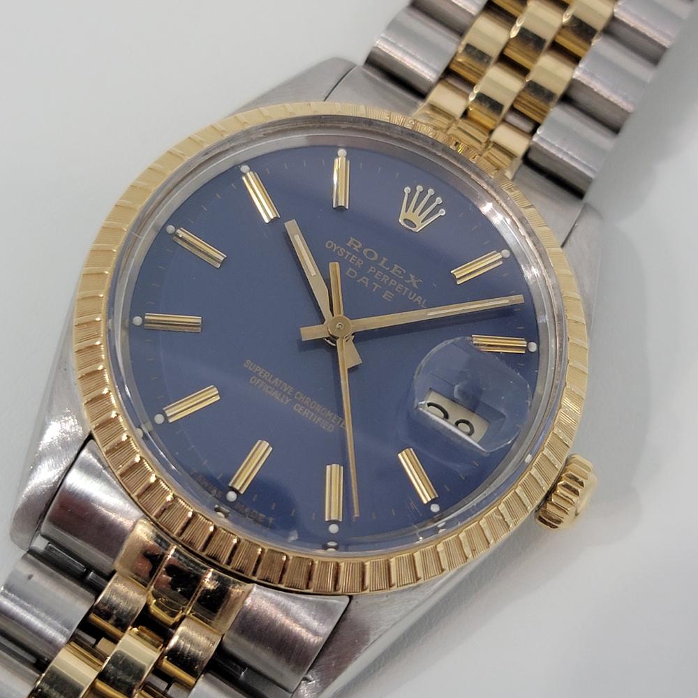 Mens Rolex Oyster Perpetual Date 15053 Automatic Blue Dial 1980s w Box RA11 In Excellent Condition In Beverly Hills, CA
