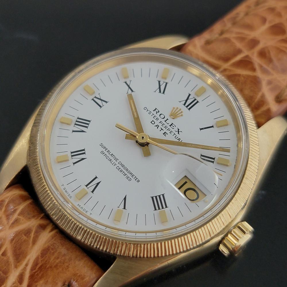 Timeless classic, Men's 18k solid gold Rolex Oyster Perpetual Date Ref.1507 automatic, c.1965. Verified authentic by a master watchmaker. Gorgeous Rolex signed white dial, applied indice and printed Roman numeral hour markers, gilt minute and hour