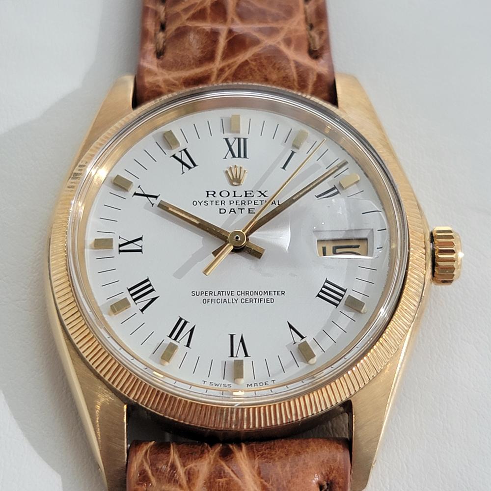 Timeless, luxurious classic, Men's 18k solid gold Rolex Oyster Perpetual Date Ref.1507 automatic, c.1965. Verified authentic by a master watchmaker. Gorgeous Rolex signed white dial, applied indice and printed Roman numeral hour markers, gilt minute