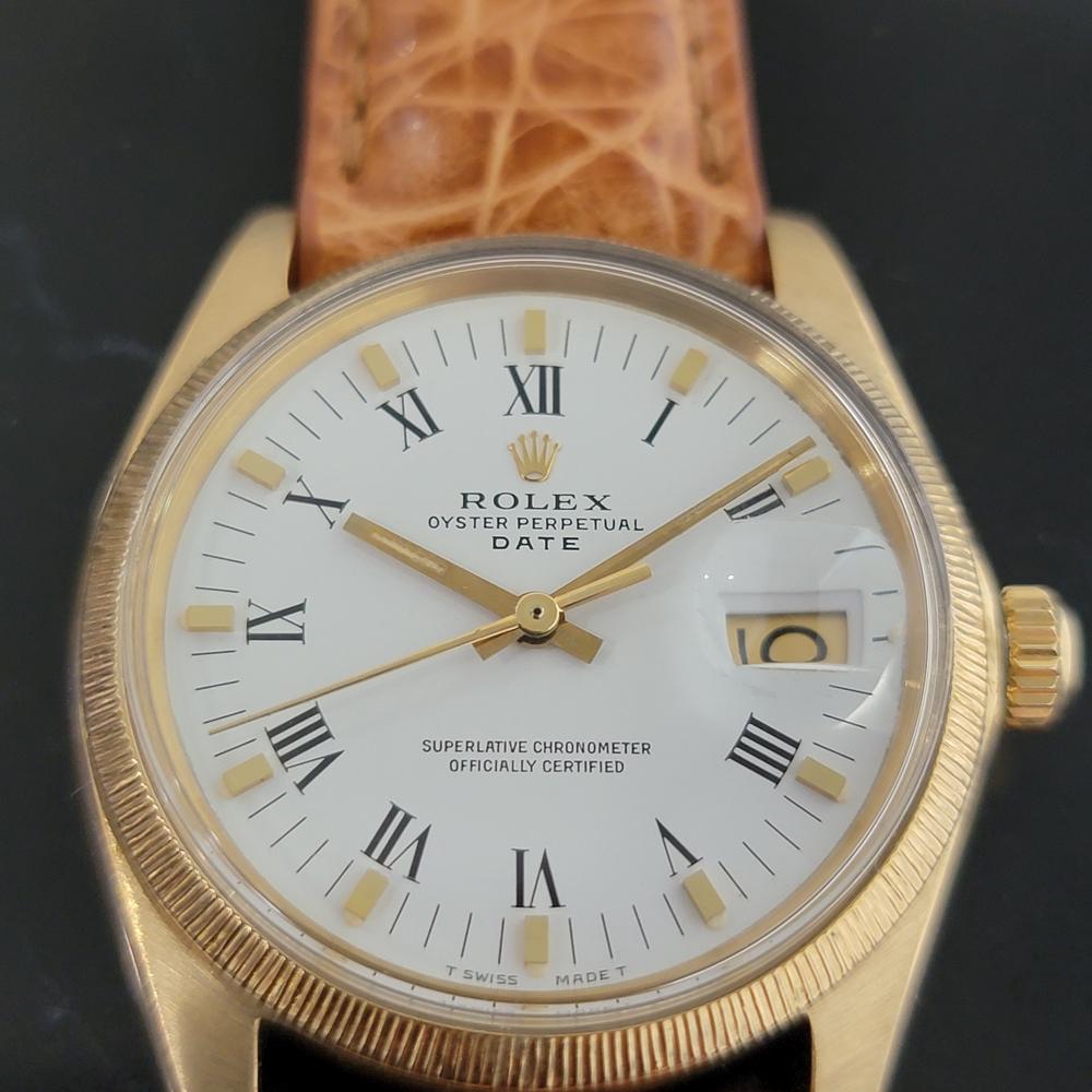 Mens Rolex Oyster Perpetual Date 1507 18k Solid Gold Automatic 1960s RA218 In Excellent Condition In Beverly Hills, CA