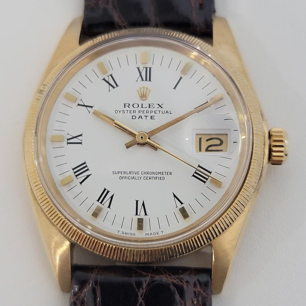 Timeless luxury, Men's 18k solid gold Rolex Oyster Perpetual Date Ref.1507 automatic, c.1965. Verified authentic by a master watchmaker. Gorgeous Rolex signed white dial, applied indice and printed Roman numeral hour markers, gilt minute and hour