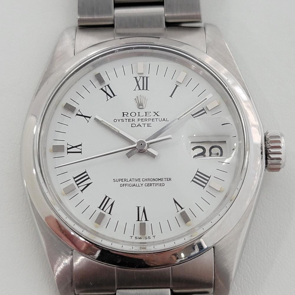 Timeless icon, Men's Rolex Oyster Perpetual Date Ref.1500 automatic, c.1979, all original. Verified authentic by a master watchmaker. Gorgeous original Rolex-signed white dial, applied indice and black Roman numeral hour markers, lumed minute and