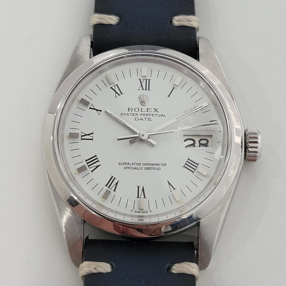Classic icon, Men's Rolex Oyster Perpetual Date Ref.1500 automatic, c.1970s. Verified authentic by a master watchmaker. Gorgeous original Rolex-signed white polar dial, applied indice and black Roman numeral hour markers, lumed minute and hour