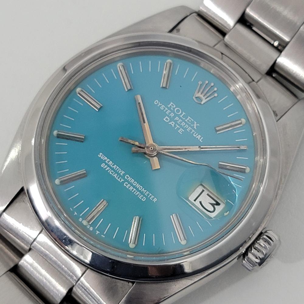 Timeless classic, Men's all-stainless steel Rolex Oyster Perpetual Date Ref.1500 automatic, c.1979. Verified authentic by a master watchmaker. Stunning Rolex original dial restored in pastel blue, applied indice hour markers, minute and hour hands,