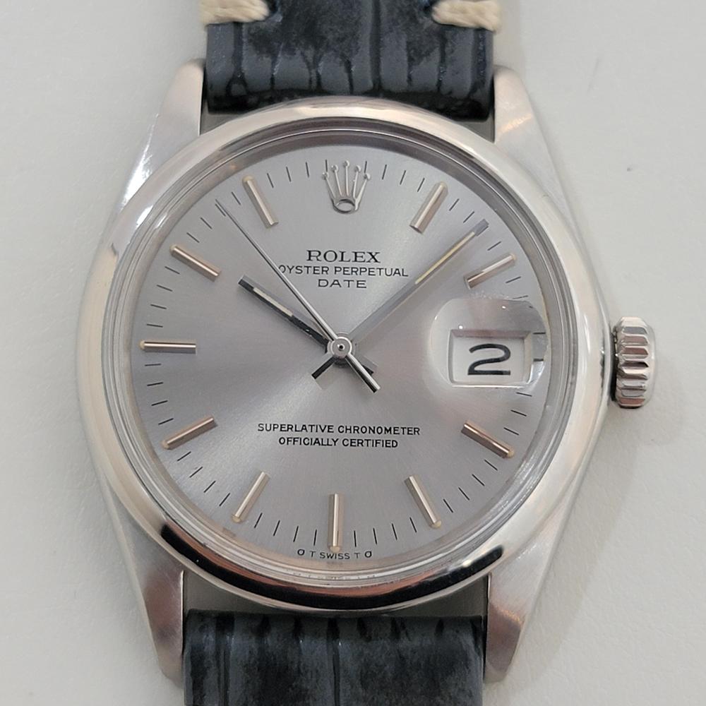 Timeless classic, Men's Rolex Oyster Perpetual Date 1500 automatic, c.1974, in excellent working condition. Verified authentic by a master watchmaker. Gorgeous Rolex signed gray-silver dial, applied baton index hour markers, silver minute and hour