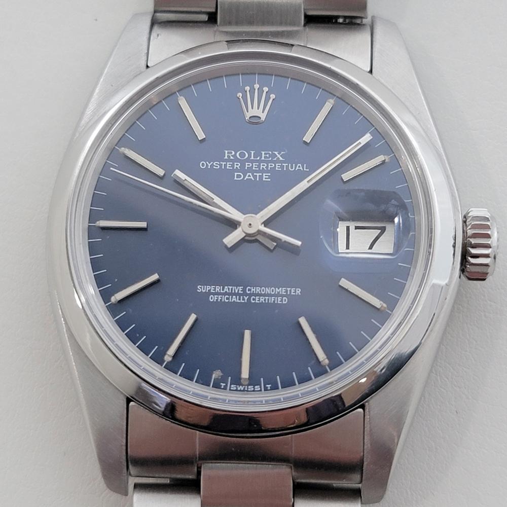 Iconic classic in stunning blue, Men's Rolex Oyster Perpetual 1500 Date automatic blue dial, c.1977, in excellent working condition. Verified authentic by a master watchmaker. Gorgeous Rolex signed blue dial, applied baton index hour markers, silver