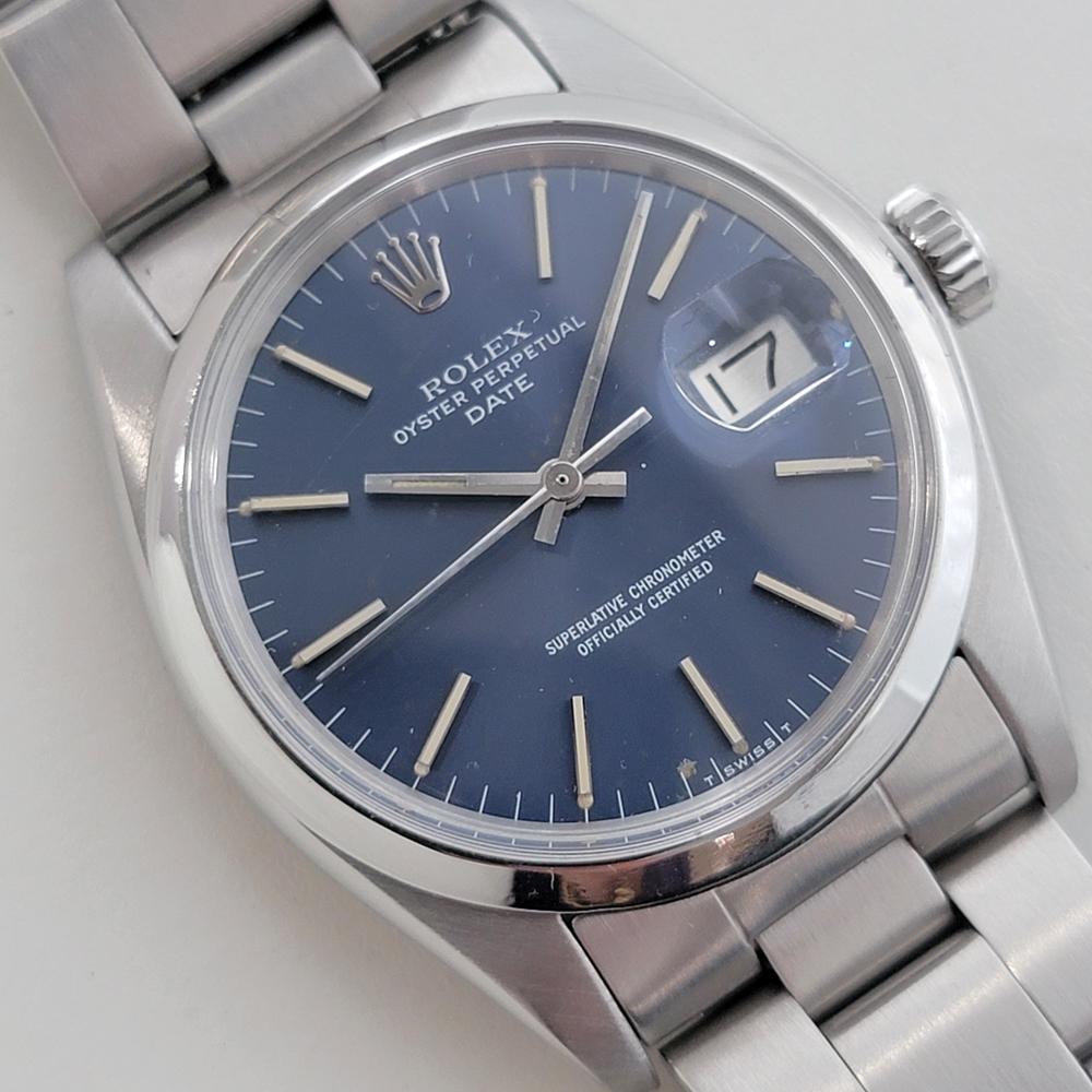 Mens Rolex Oyster Perpetual Date Ref 1500 35mm Automatic 1970s Vintage RA499 In Excellent Condition For Sale In Beverly Hills, CA