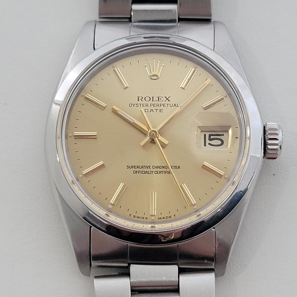 Classique intemporel, entièrement en acier inoxydable, Rolex Oyster Perpetual 1500 Date automatique pour homme, c.C. 1975, d'origine, en excellent état de marche. Vérifié authentique par un maître horloger. Magnifique cadran en or signé Rolex, index