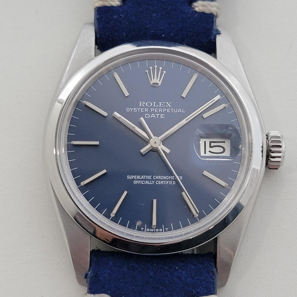 A timeless icon in stunning blue, Men's Rolex Oyster Perpetual 1500 Date automatic blue dial, c.1977, in excellent working condition. Verified authentic by a master watchmaker. Gorgeous Rolex signed blue dial, applied baton index hour markers,