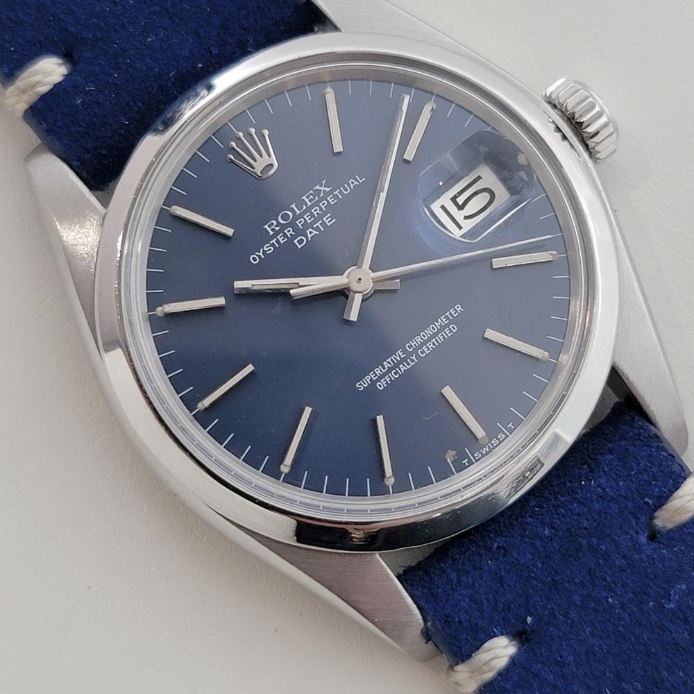 Mens Rolex Oyster Perpetual Date Ref 1500 35mm Automatic 1970s Vintage RA499 In Excellent Condition For Sale In Beverly Hills, CA