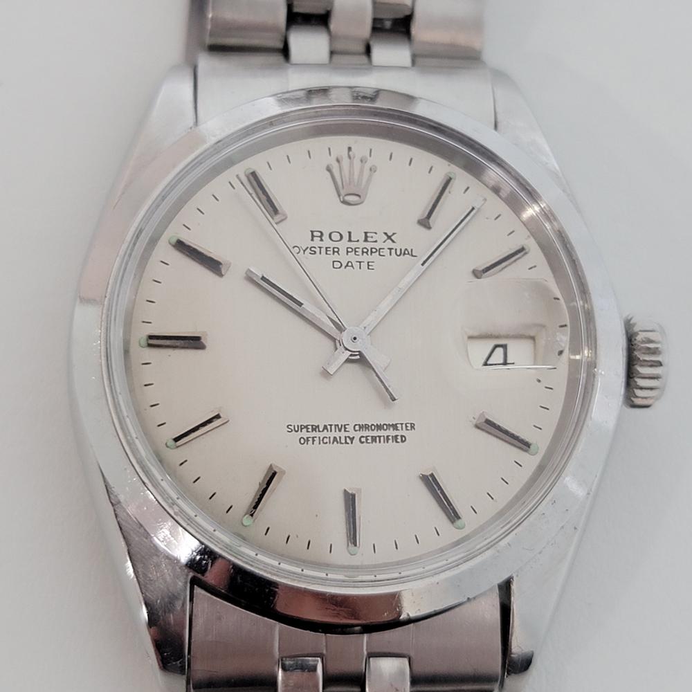 Timeless icon, Men's Rolex Oyster Perpetual Date Ref.1500 automatic, c.1969, all original. Verified authentic by a master watchmaker. Gorgeous original Rolex-signed dial, applied indice hour markers, silver minute and hour hands, sweeping central