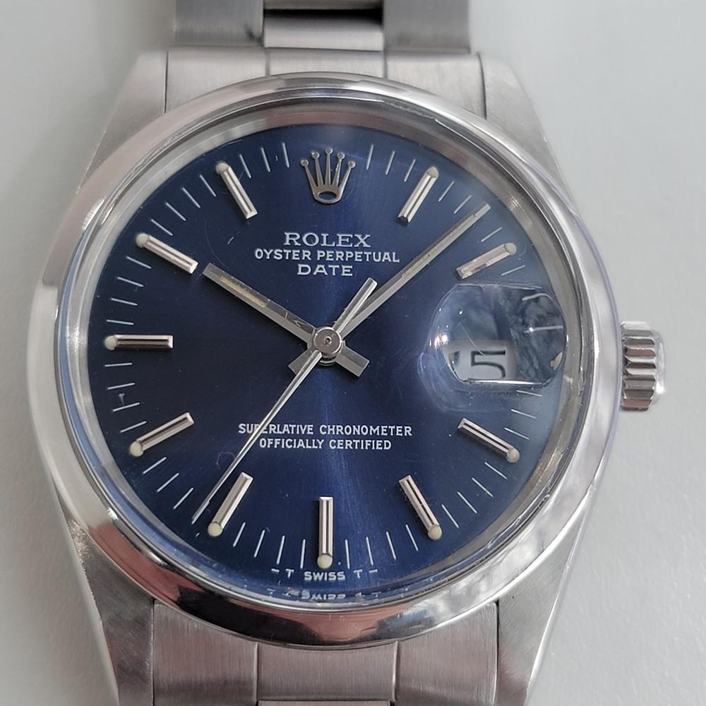 Iconic classic, Men's Rolex Oyster Perpetual Date 15000 automatic, c.1982, all original in stunning blue. Verified authentic by a master watchmaker. Gorgeous Rolex signed blue dial, applied silver indice hour markers, silver minute and hour hands,